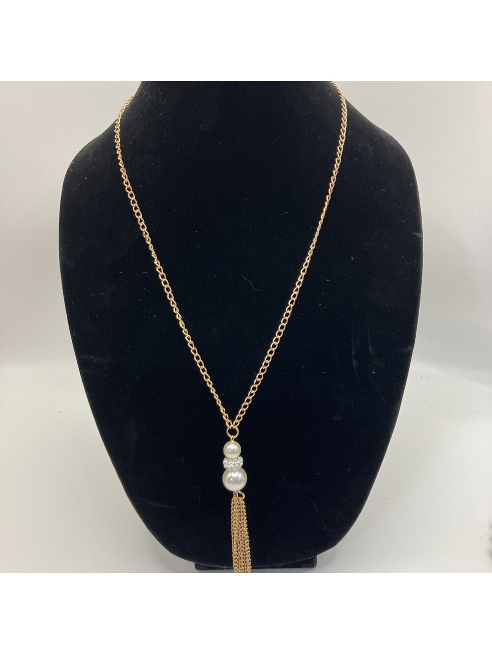 16” Gold Tone, Pearl And Crystal Tassel Necklace